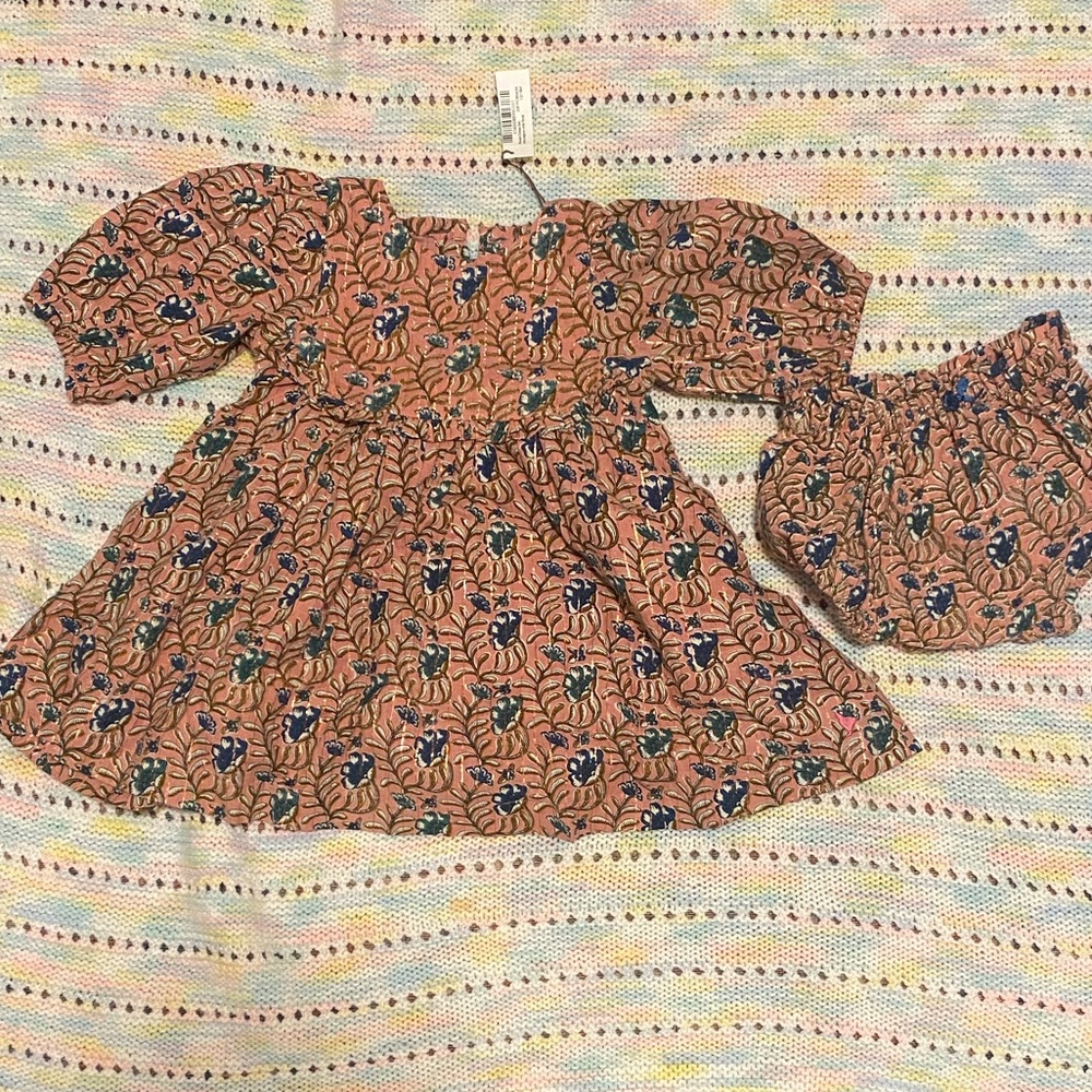 Pink Chicken Floral Dress with Blue Accents